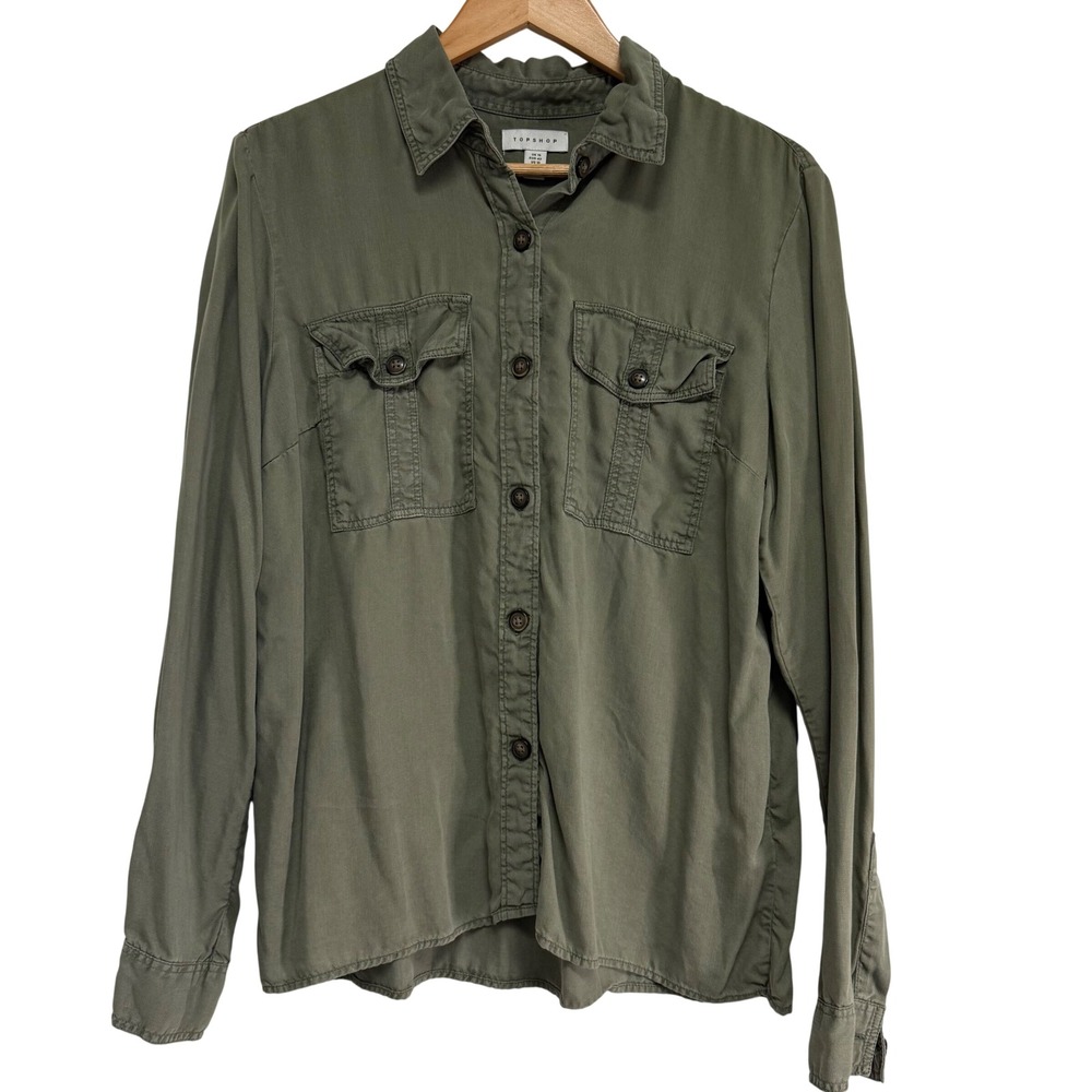 TOPSHOP‎ Olive Green Utility Button Down Shirt Long Sleeve Tencel Lyocell US 10